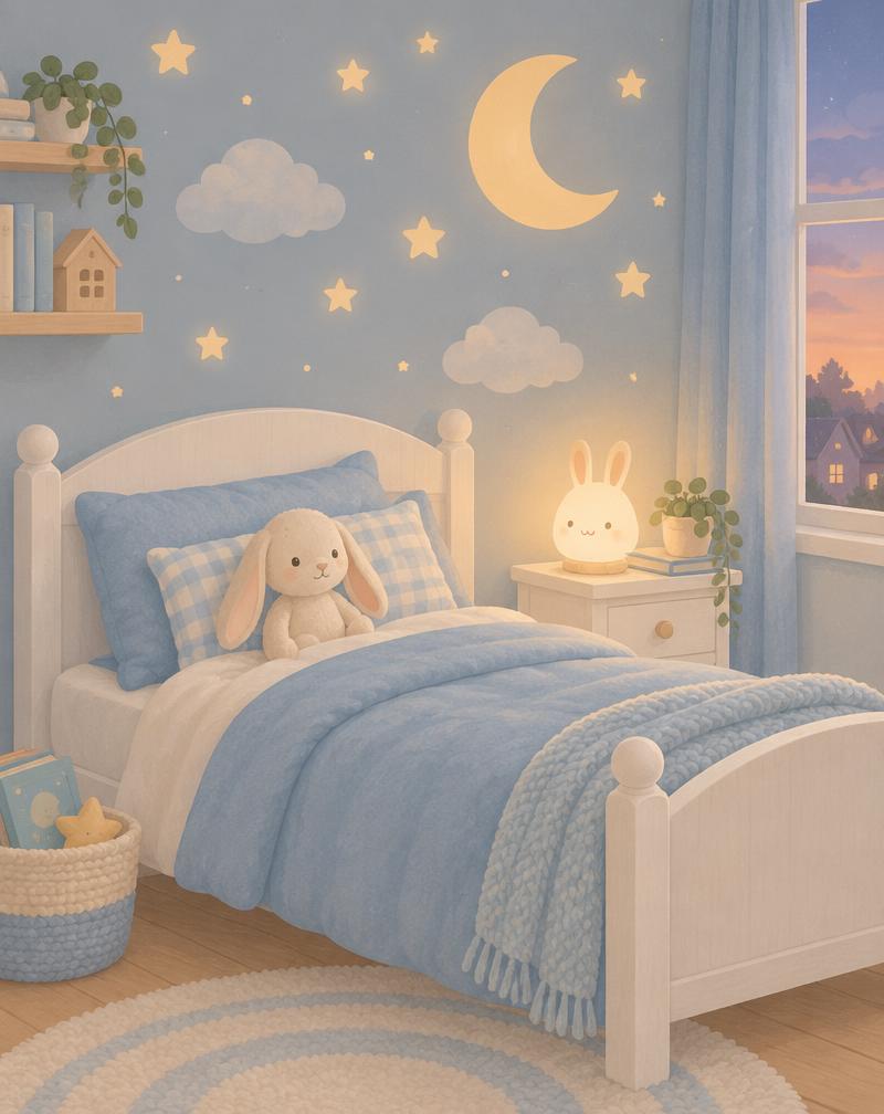 Zachte illustratie van een kinderkamer in het avondlicht, met een bedje, een knuffelkonijn en een maan aan de muur